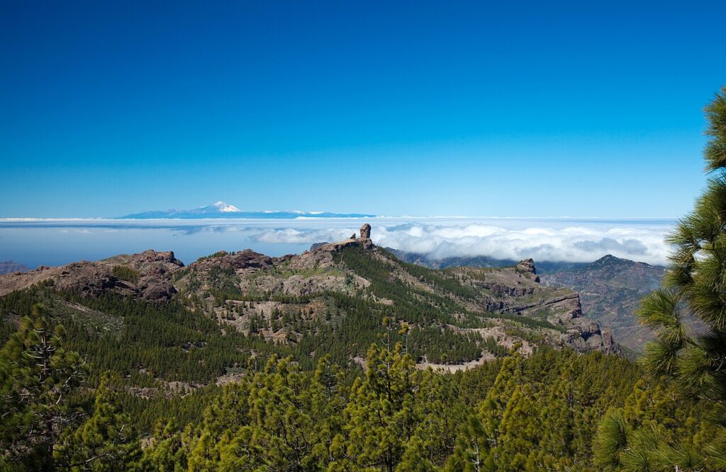 Widok z Pico de las Nieves na Roque Nublo i Teide na Teneryfie nad morzem chmur